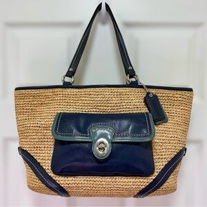 Coach Legacy Vintage Straw Tote in Natural with Navy Leather Trim and Turnlock